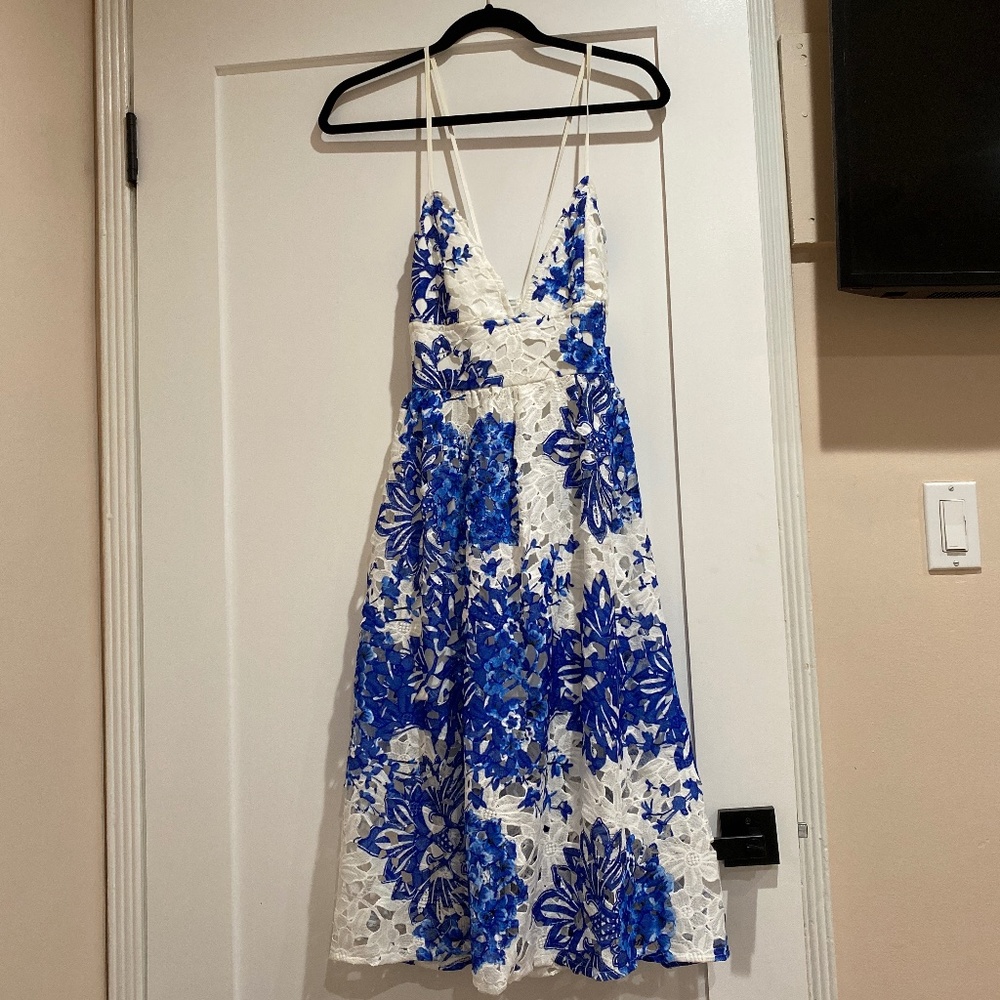 Blue and white summer midi dress by Boohoo